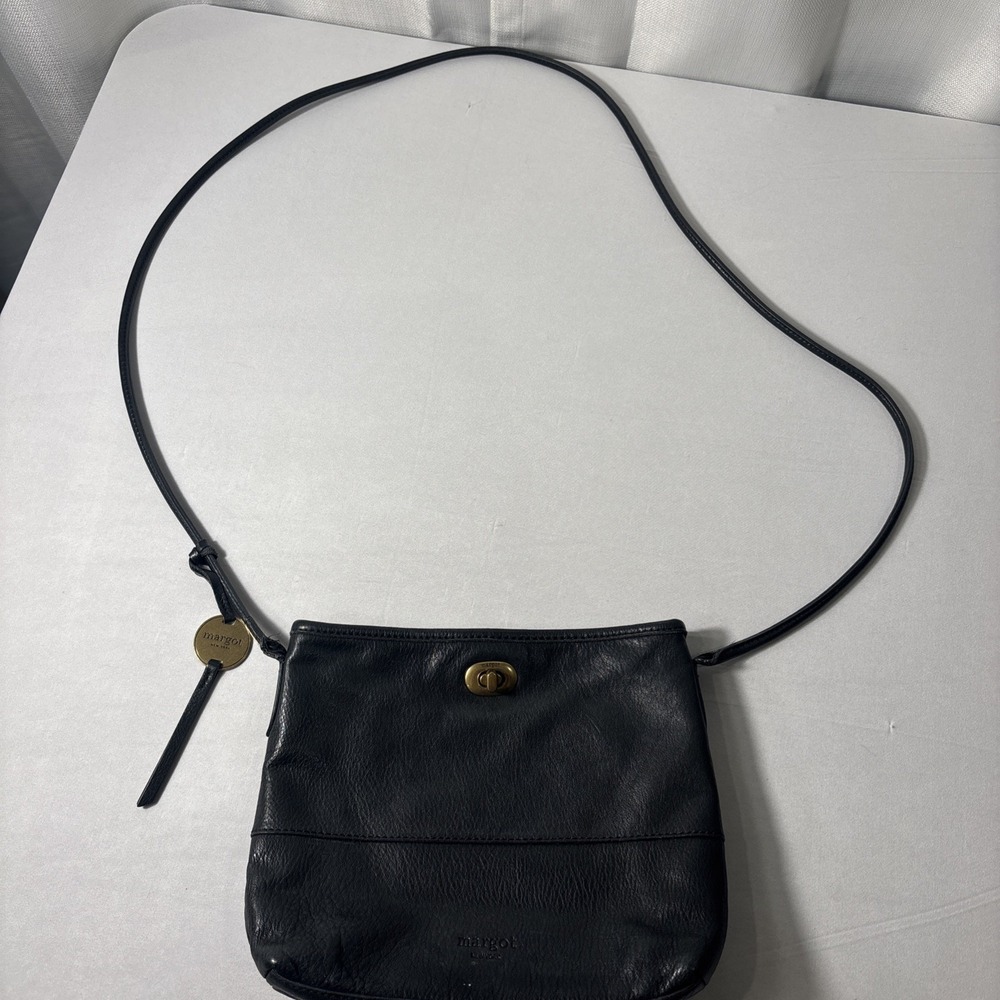 Margot New York Womens Crossbody Purse Black Leather Zip Top Turn Lock Pocket